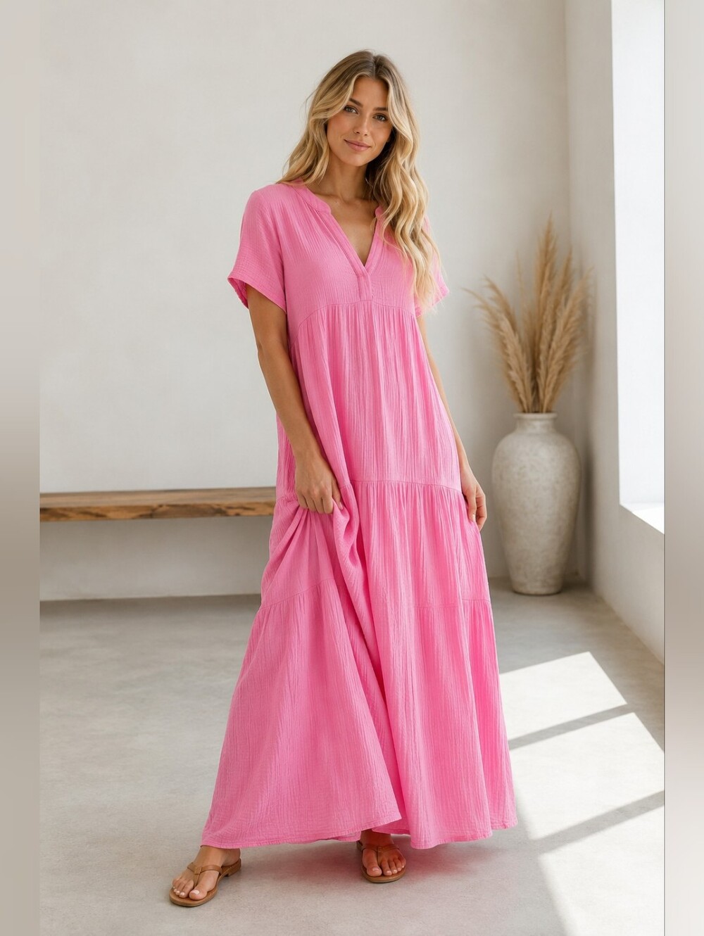 Boutique Pink Cotton Gauze Tiered Maxi Dress – Small